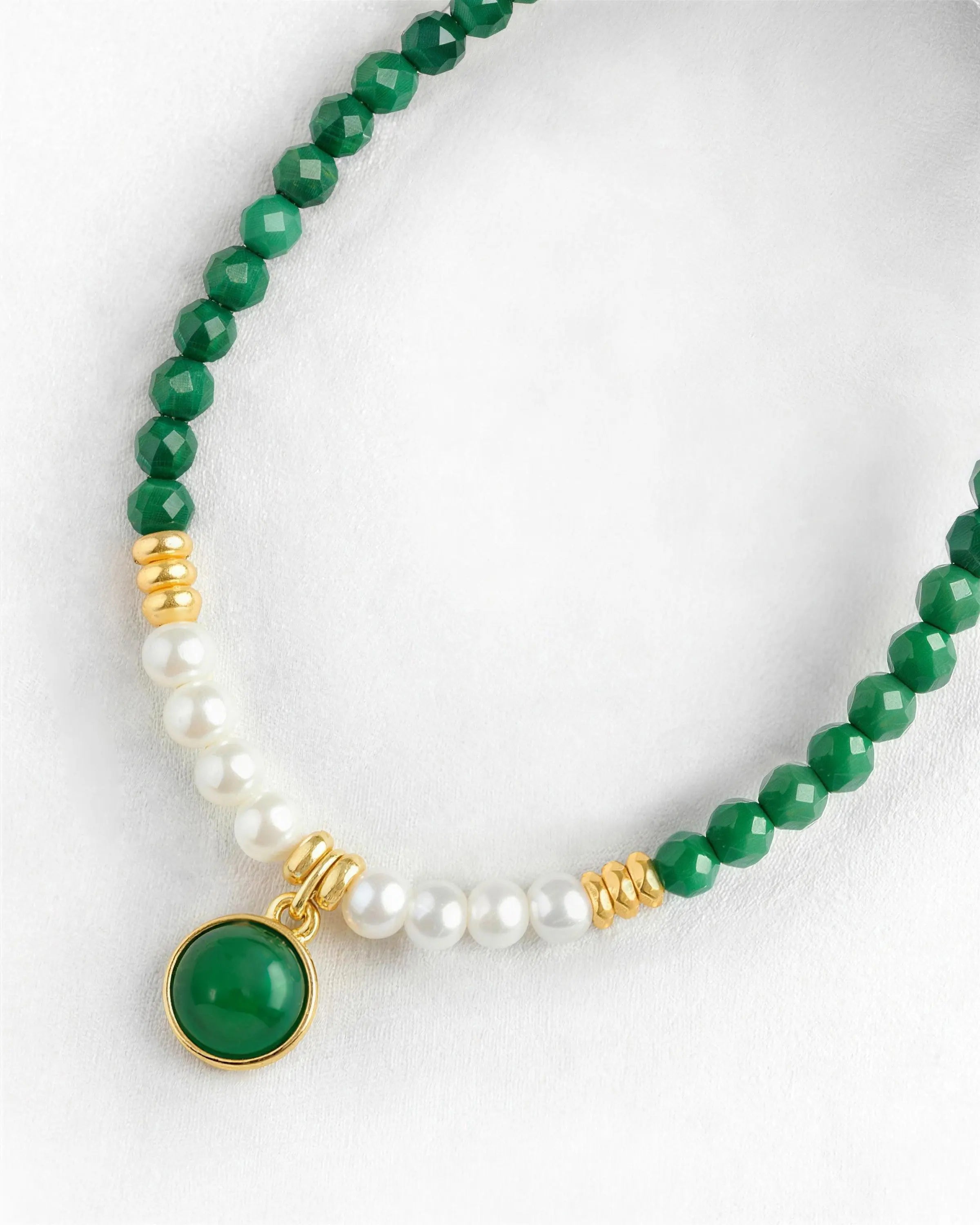 Malachite Pearl bead detail of Gold Pendant Necklace