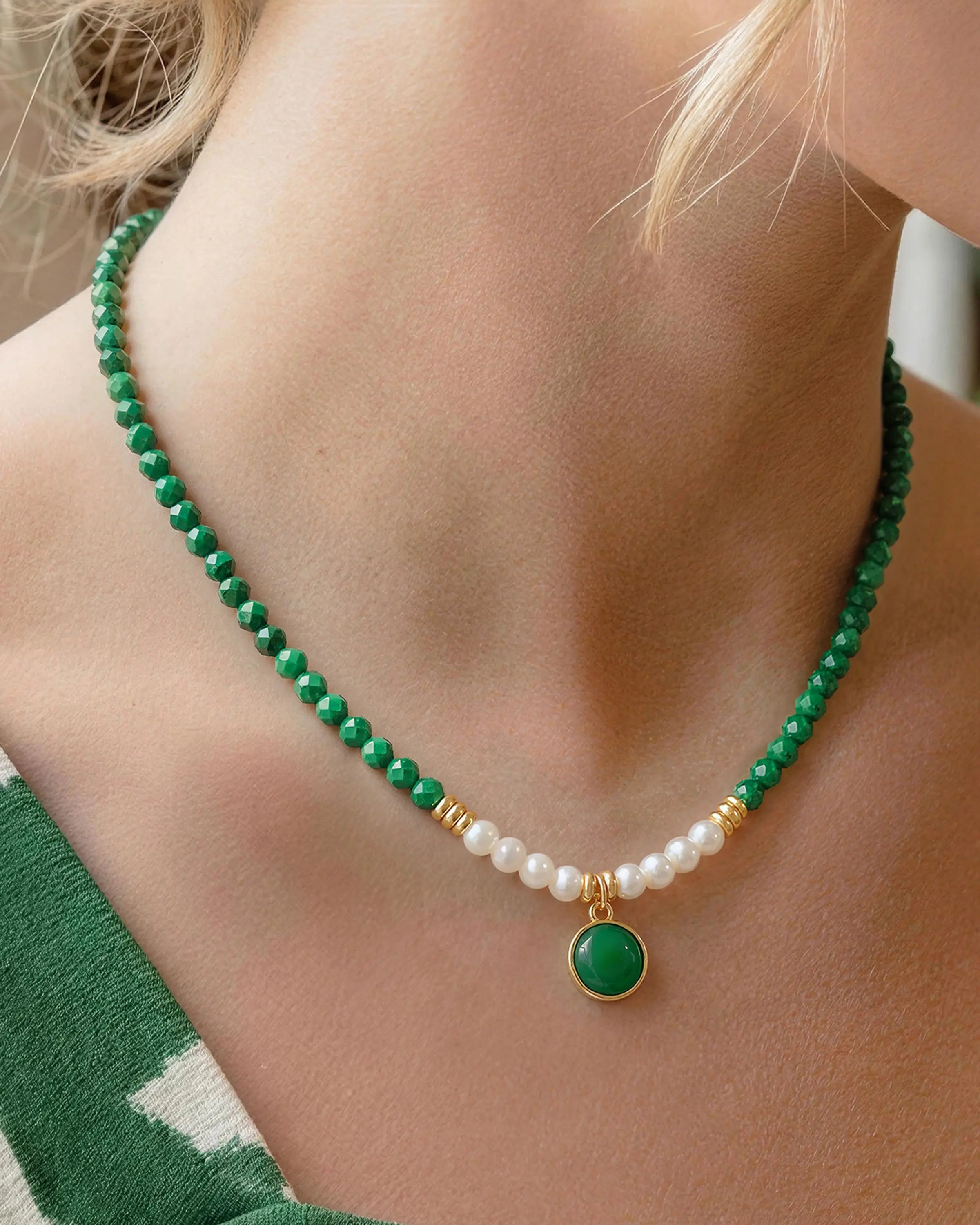 Malachite Pearl bead detail of Gold Pendant Necklace