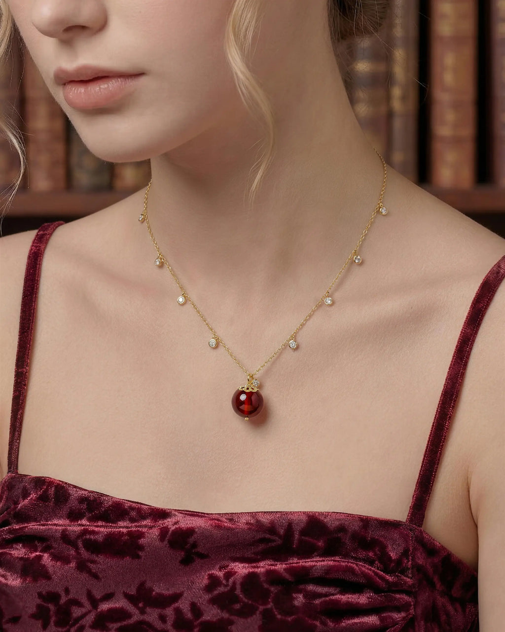 Model Wearing Garnet Gold Orbit 10mm Necklace