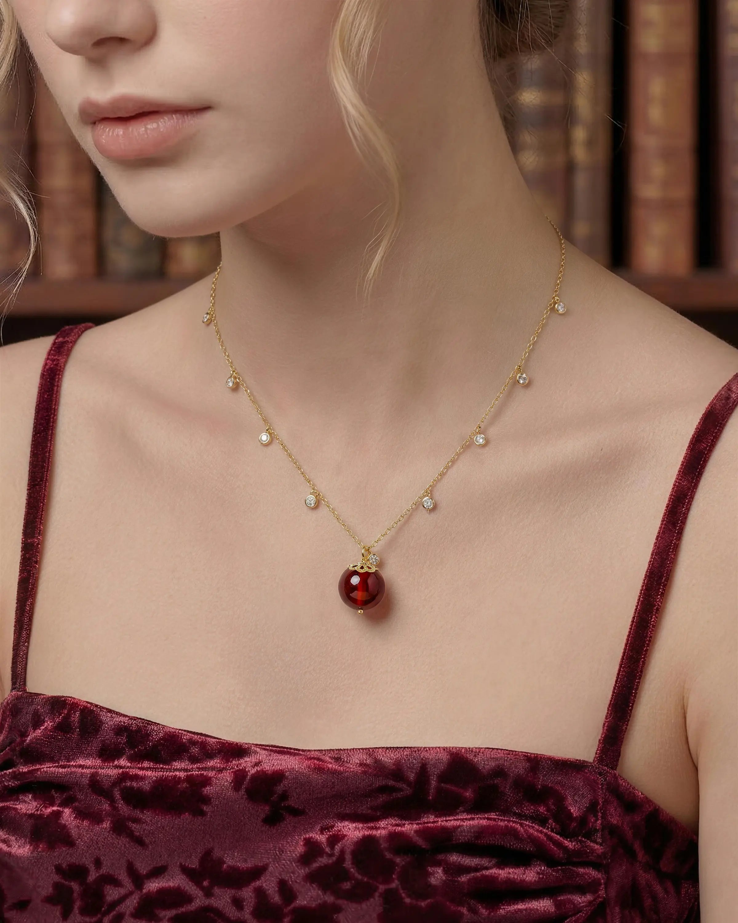 Model Wearing Garnet Gold Orbit 10mm Necklace