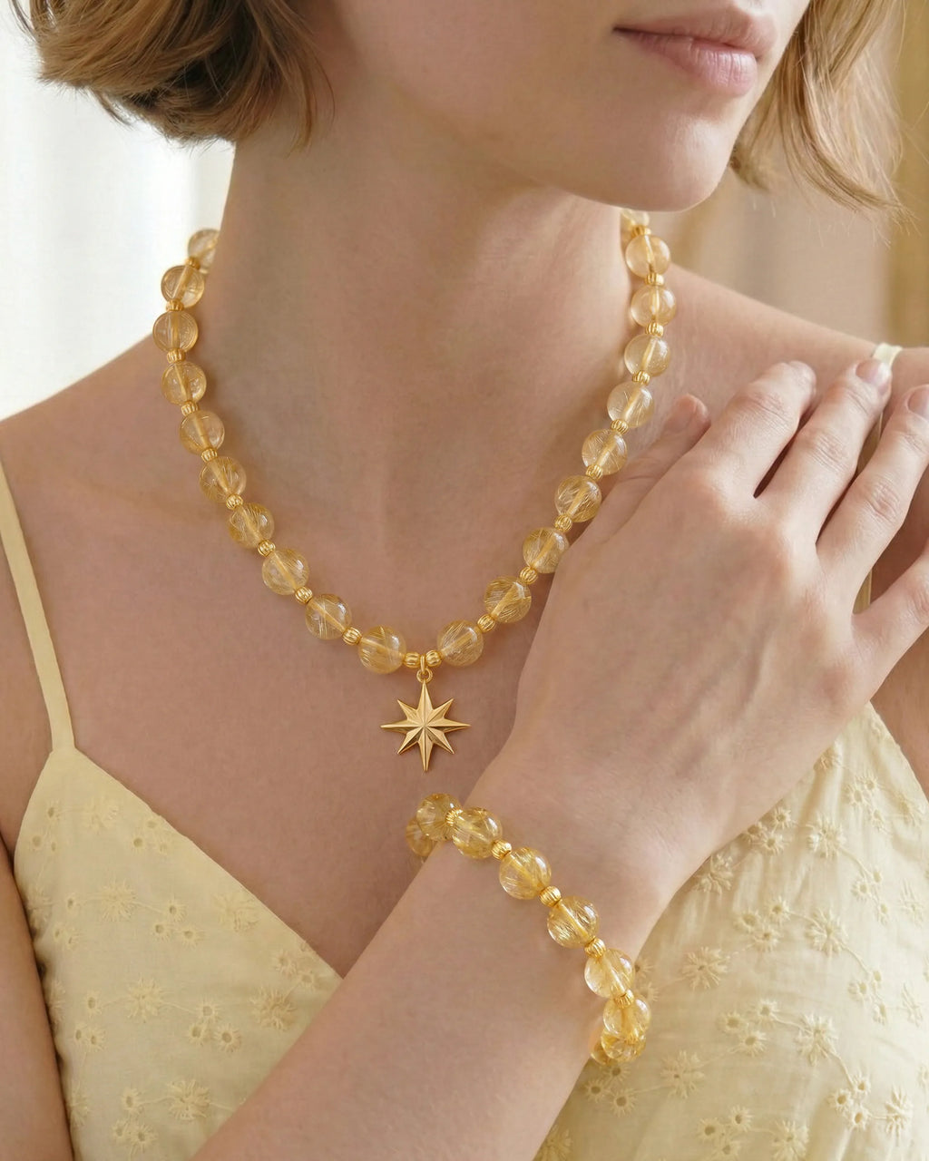 Golden Rutilated Quartz Star Gold Necklace & Bracelet Set – Joy & Optimism