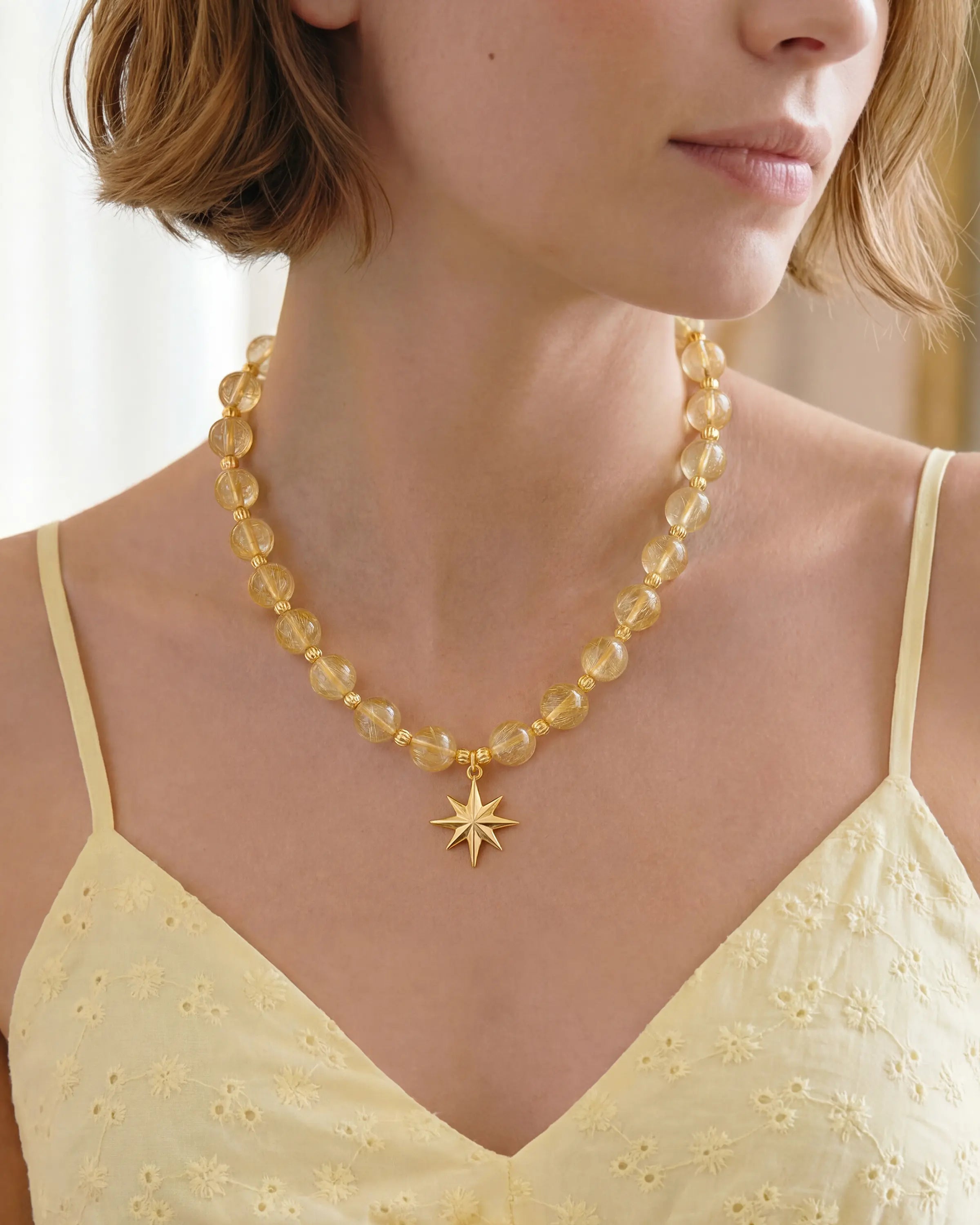 10mm Golden Rutilated Quartz Beaded Necklace with Sun Pendant