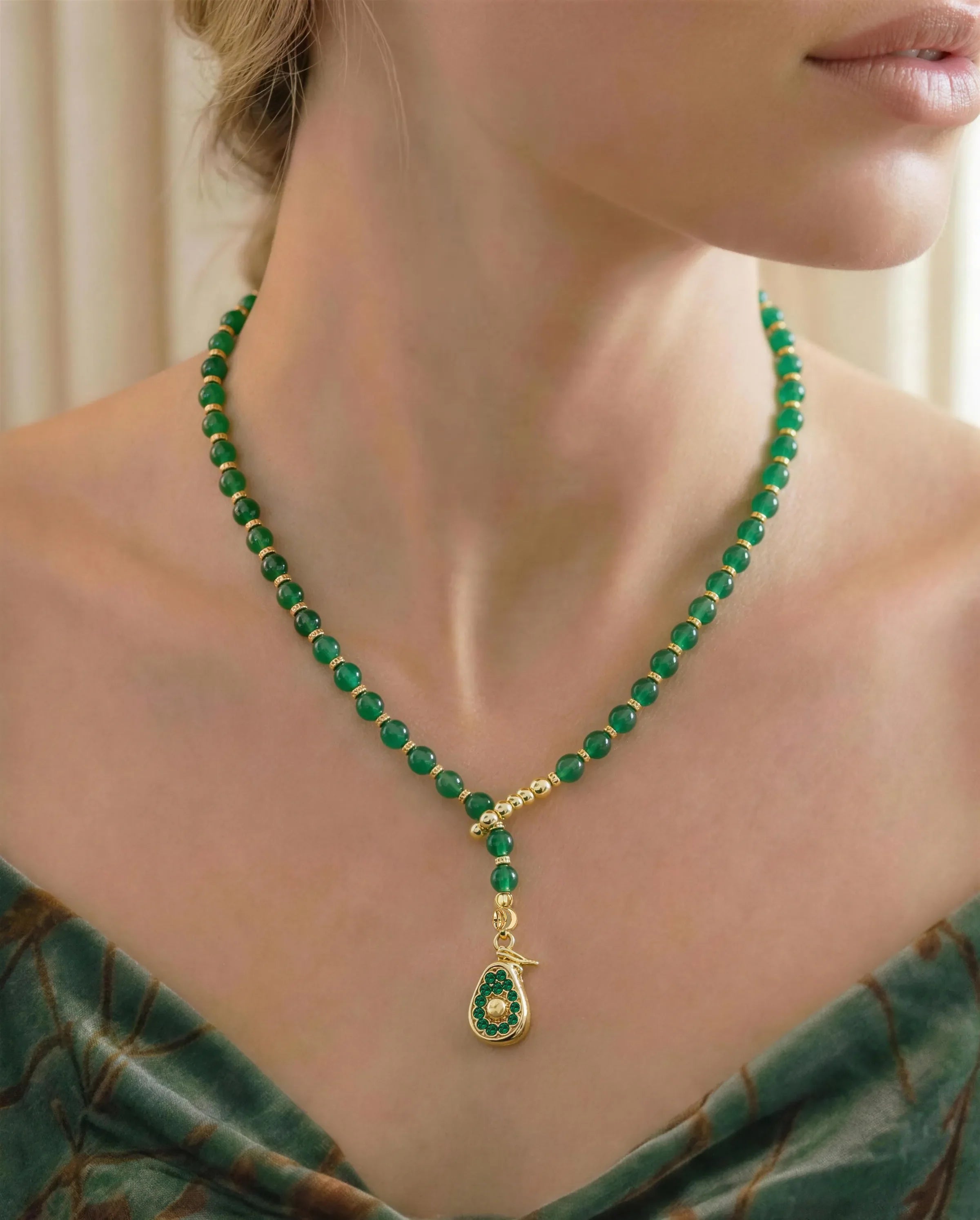 4mm Green Agate Beaded Necklace with Avocado Pendant