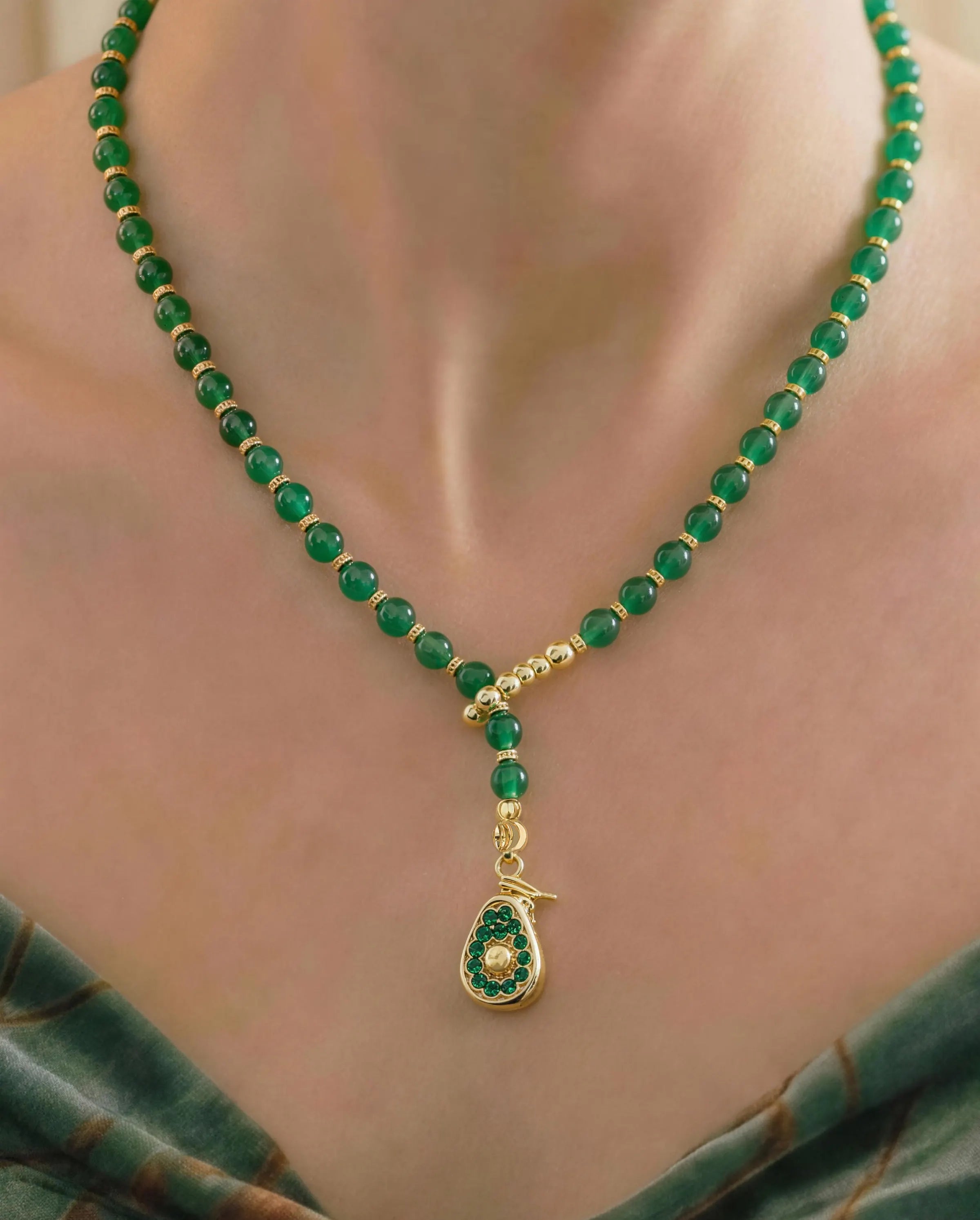 4mm Green Agate Beaded Necklace with Avocado Pendant