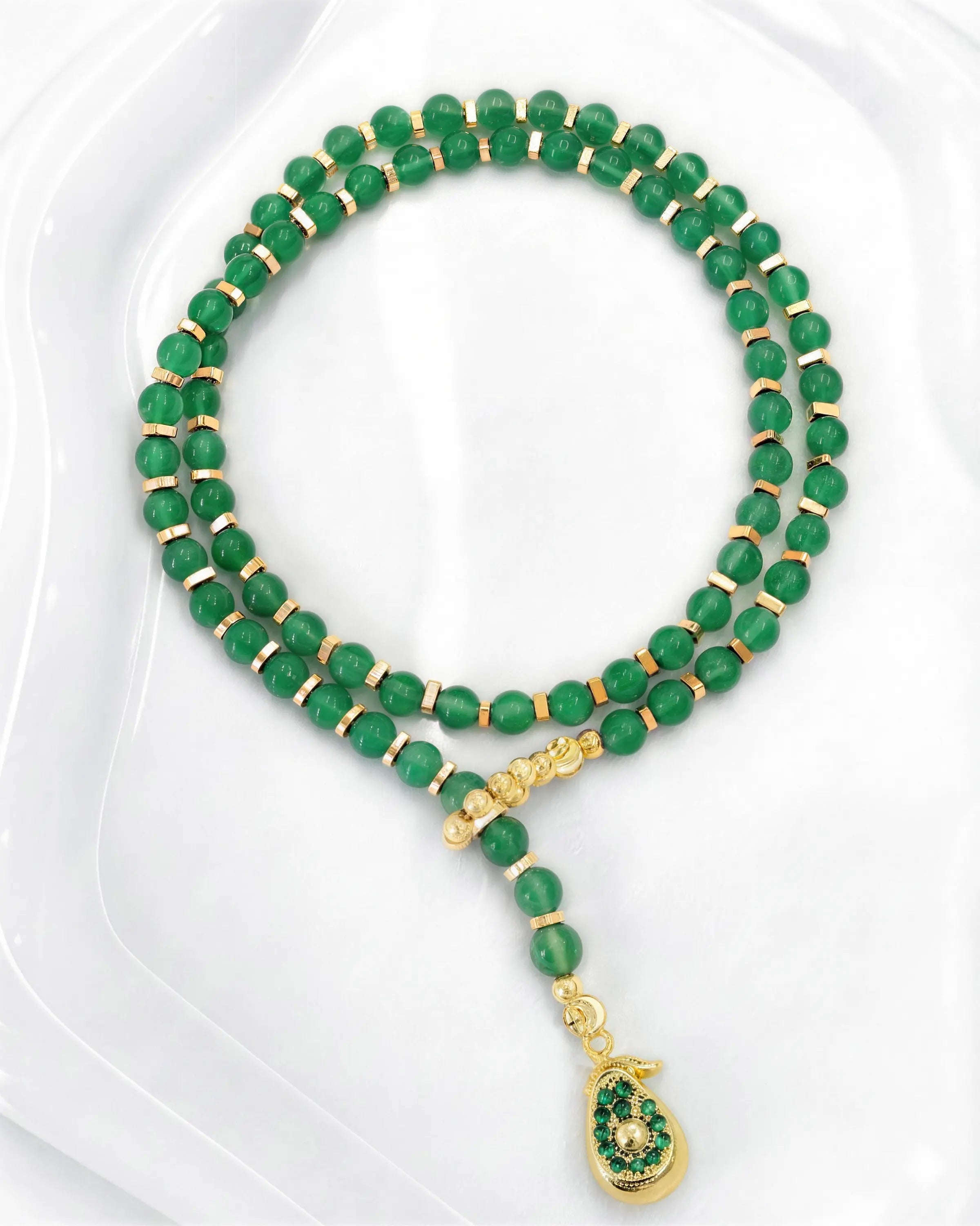 4mm Green Agate Beaded Necklace with Avocado Pendant