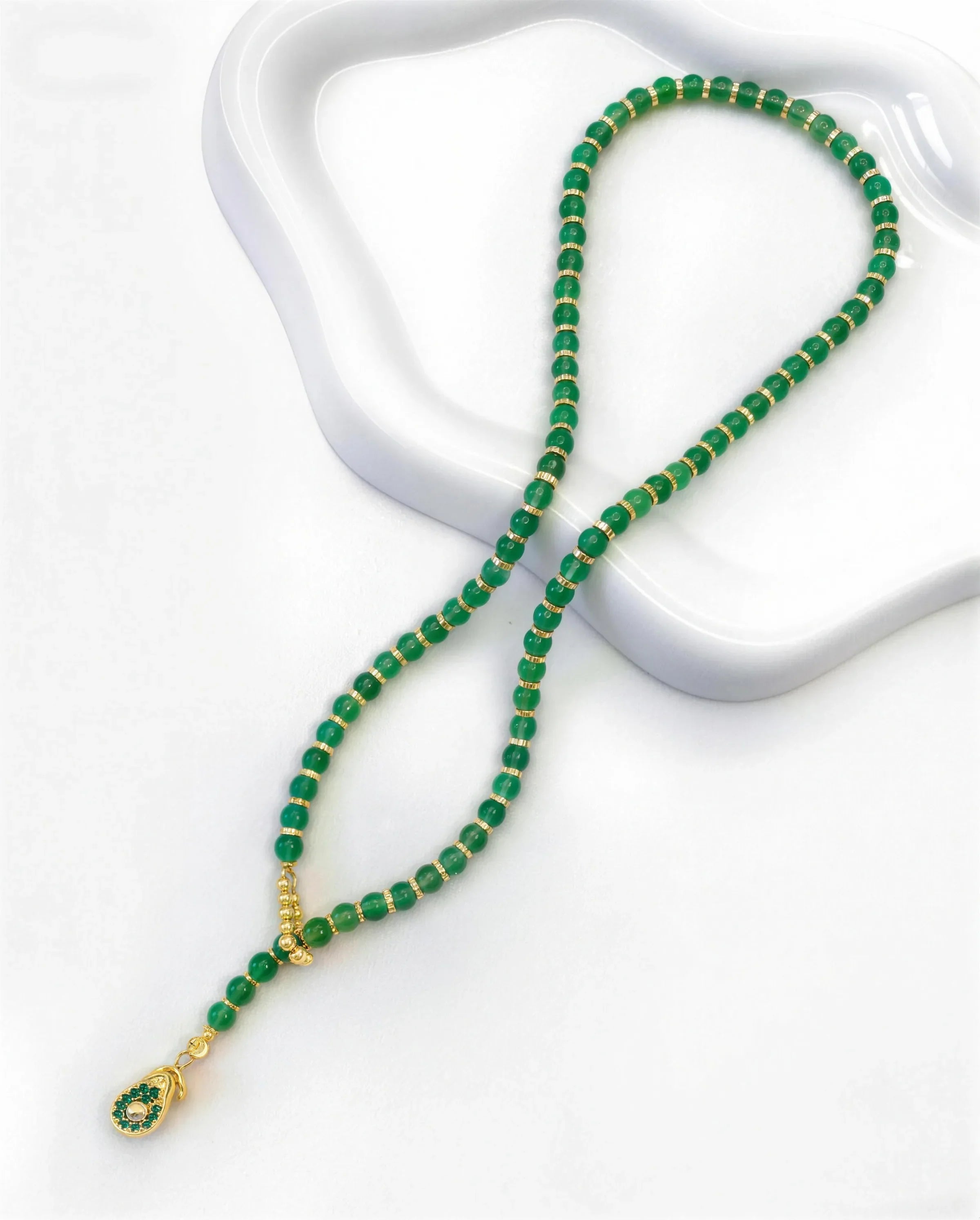 4mm Green Agate Beaded Necklace with Avocado Pendant