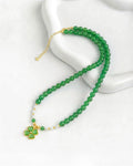 6mm Green Agate Beaded Necklace with Clover Pendant