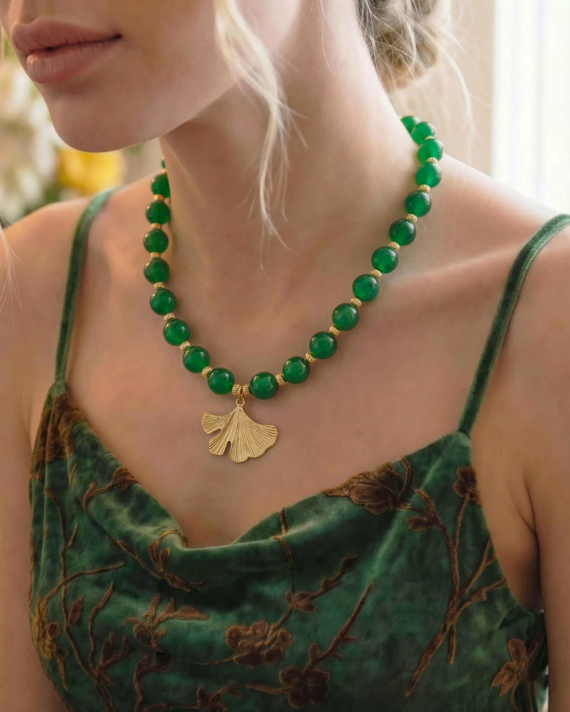 10mm Green Agate Beaded Necklace with Ginkgo Leaf Pendant