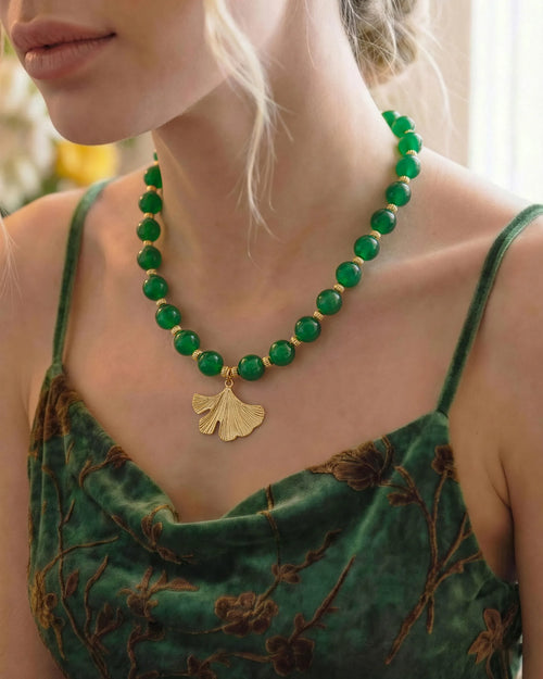 10mm Green Agate Beaded Necklace with Ginkgo Leaf Pendant