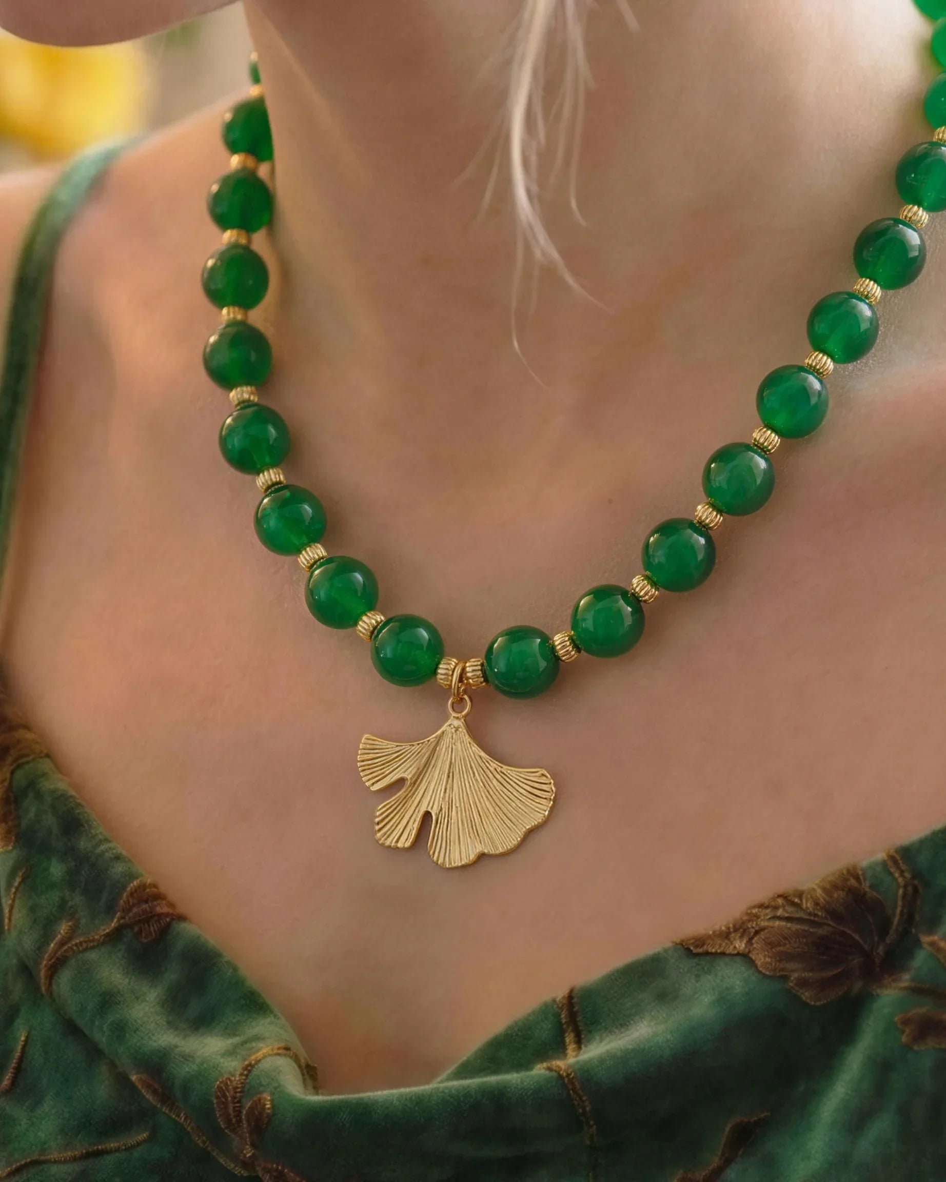10mm Green Agate Beaded Necklace with Ginkgo Leaf Pendant