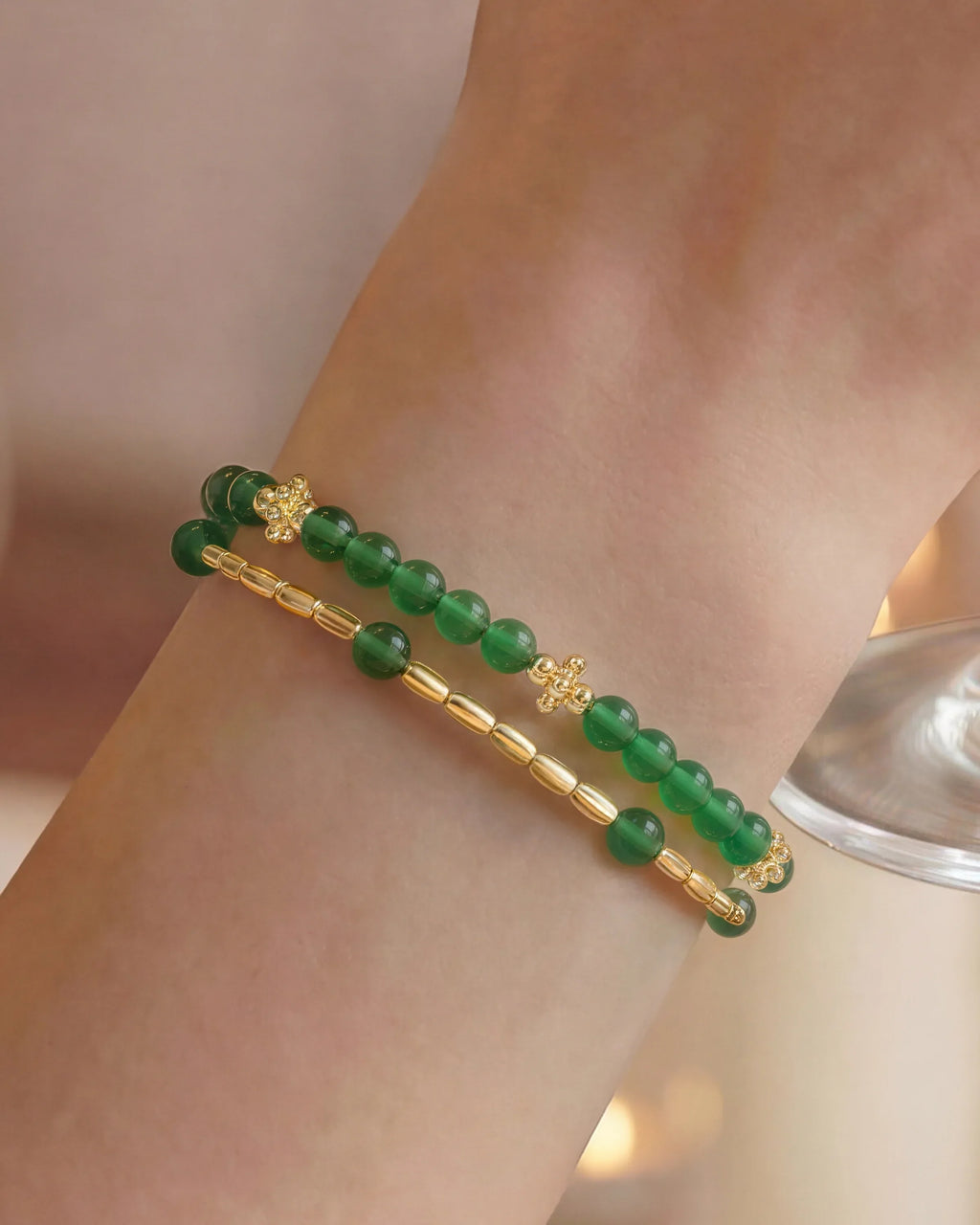 Green Agate Gold Floral Pre-layered Bracelet – Balance & Harmony