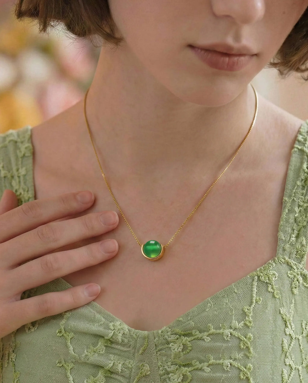 Green Agate U-Shape Gold Necklace – Renewal & Harmony