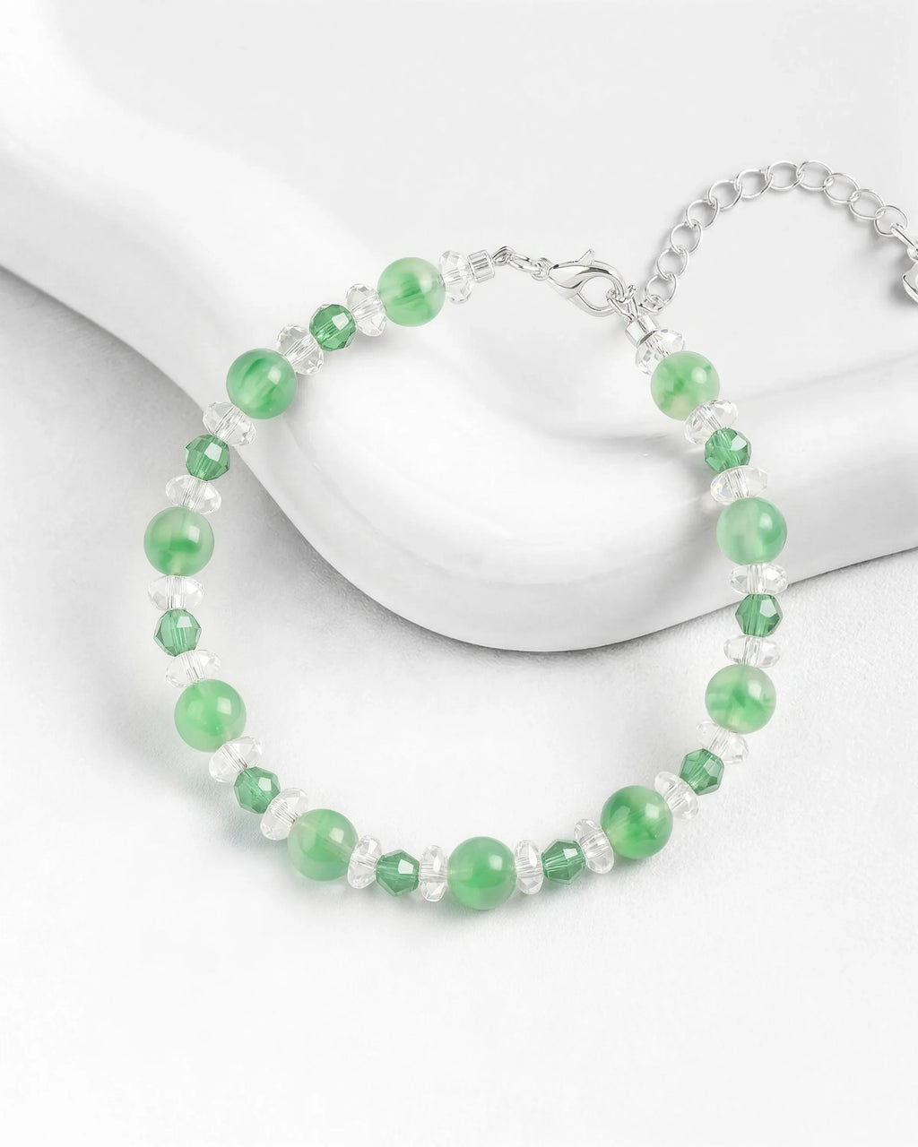 Green Jade and Clear Quartz Silver Bracelet