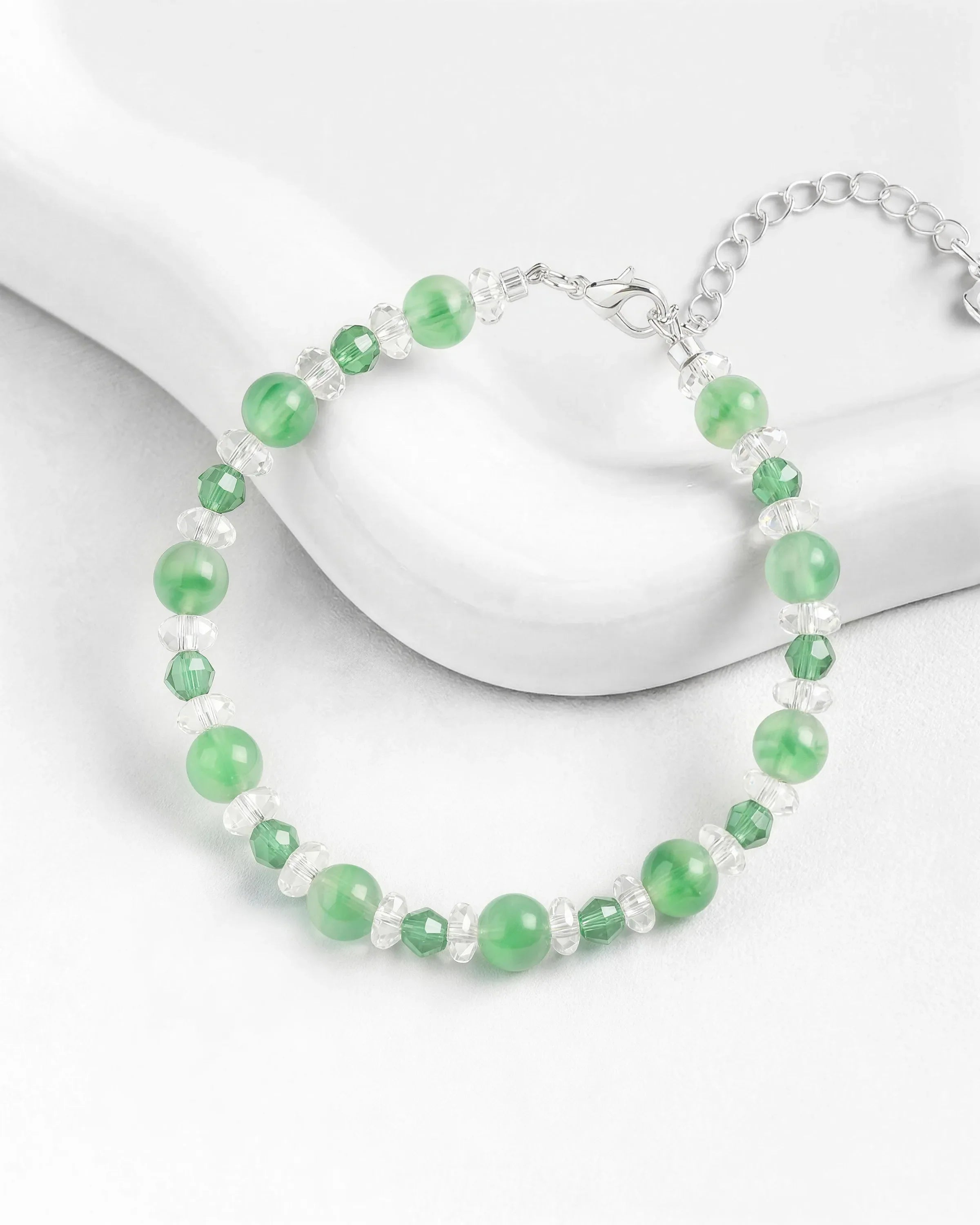 Green Jade and Clear Quartz Silver Bracelet