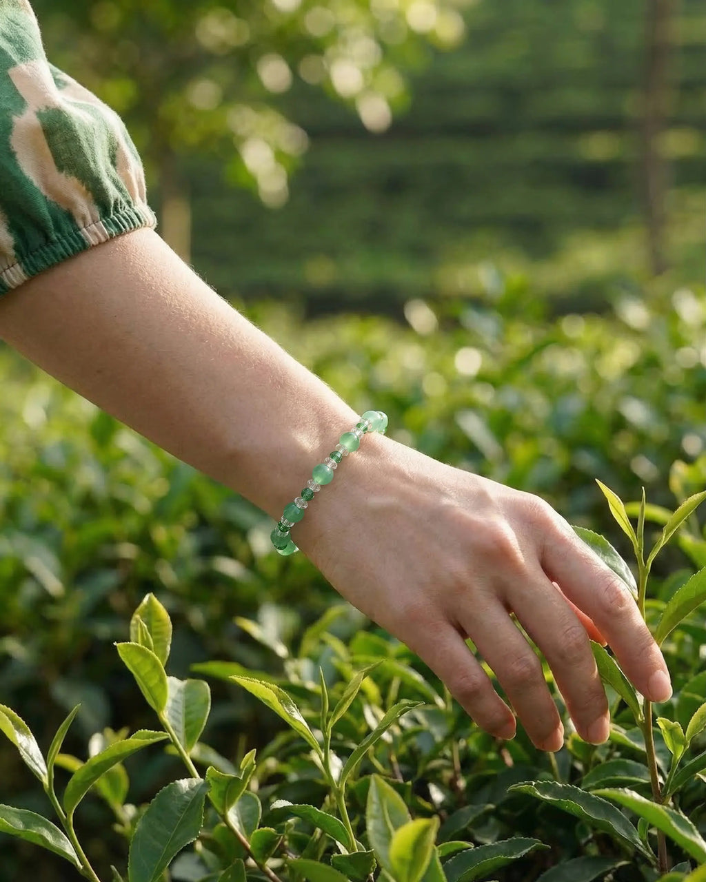 model wearing Green Jade and Clear Quartz Silver Bracelet