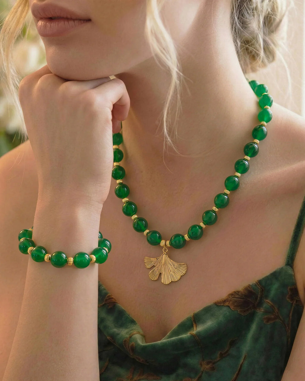 Green Agate Ginkgo Leaf Gold Necklace & Bracelet Set – Balance & Harmony