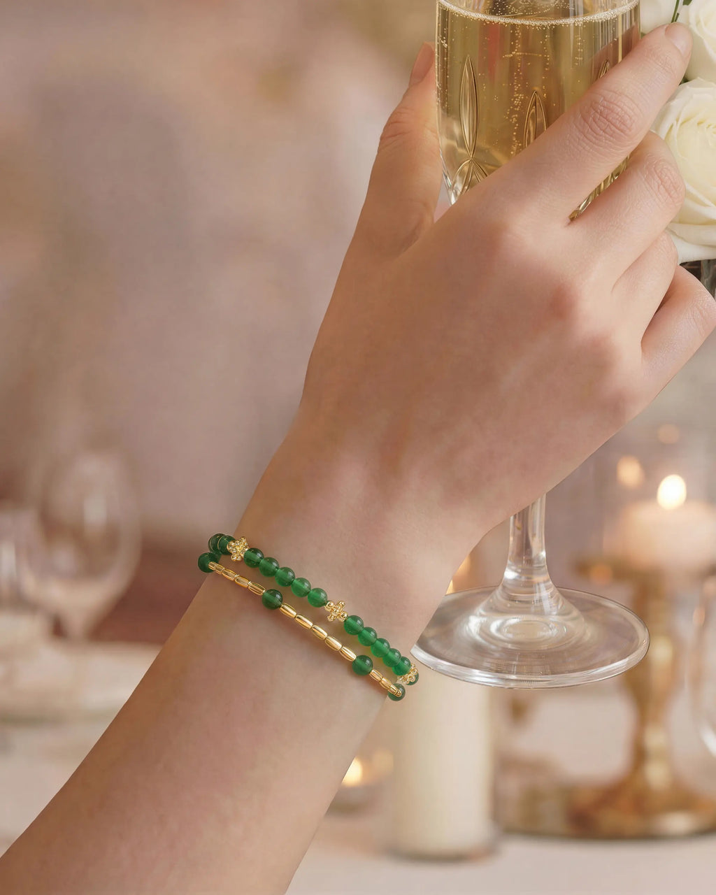 Green Agate Gold Floral pre-layered bracelet on the model's wrist