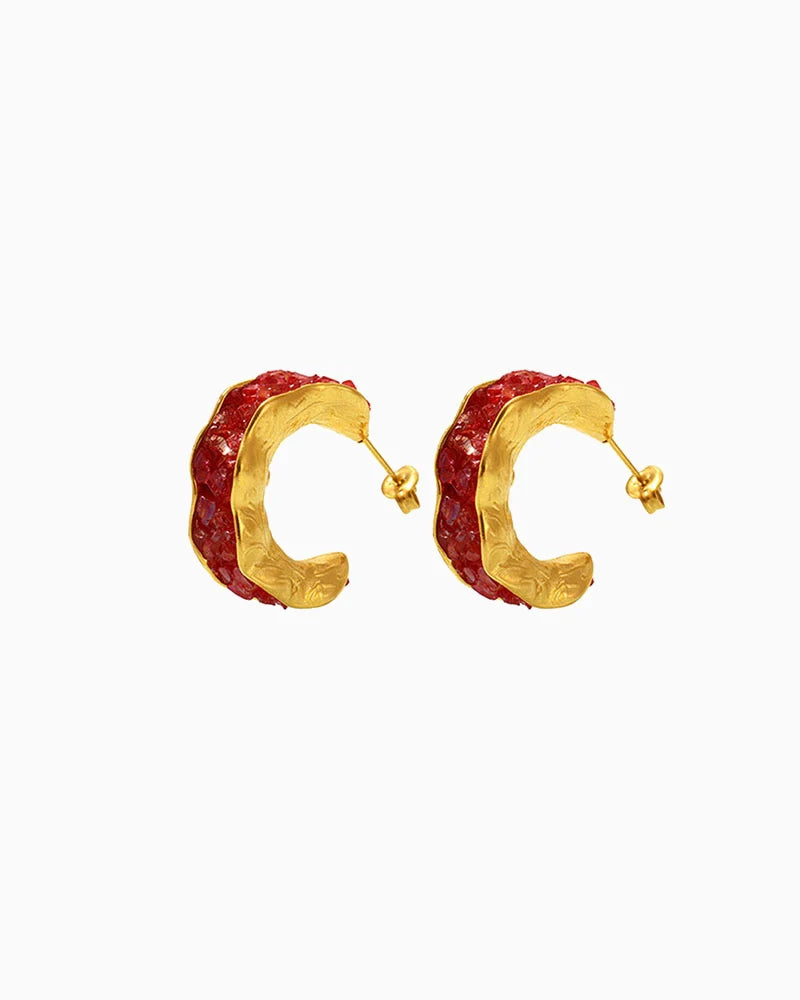 Red Birthstone C-Hoop Stud Earrings