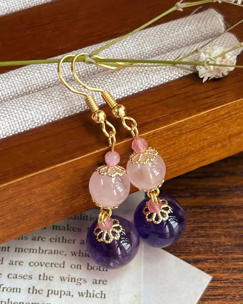Amethyst Rose Quartz Gold Earrings – Clarity & Love
