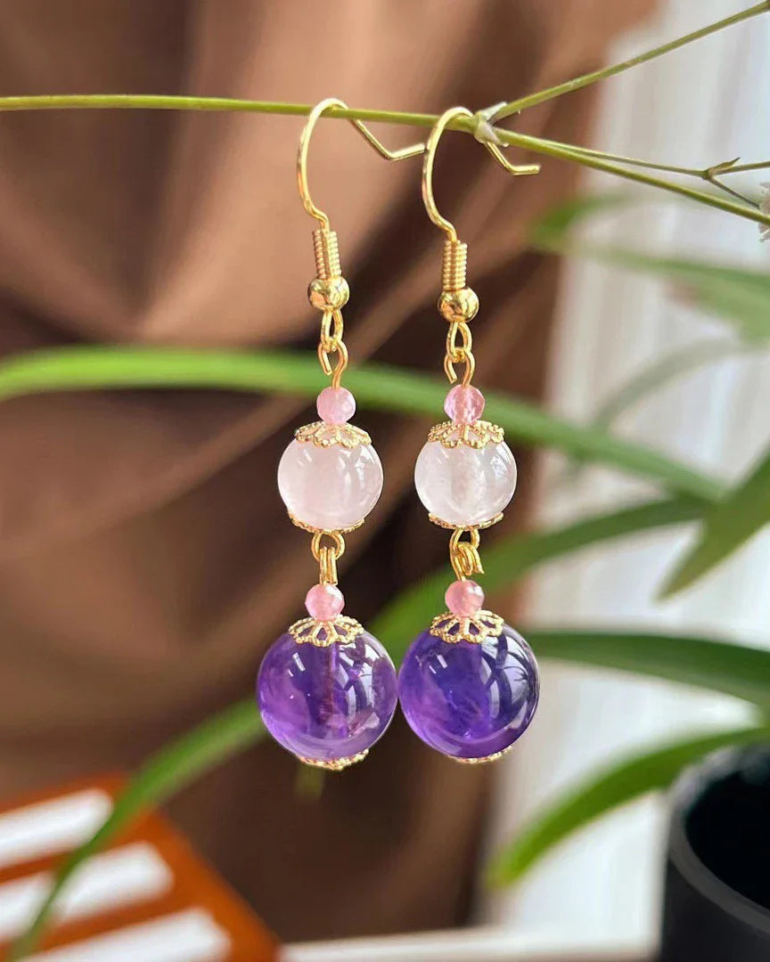 Amethyst Rose Quartz Gold Earrings – Clarity & Love