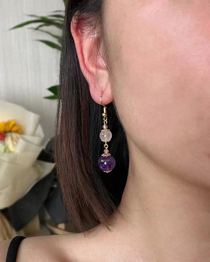 Amethyst Rose Quartz Gold Earrings – Clarity & Love