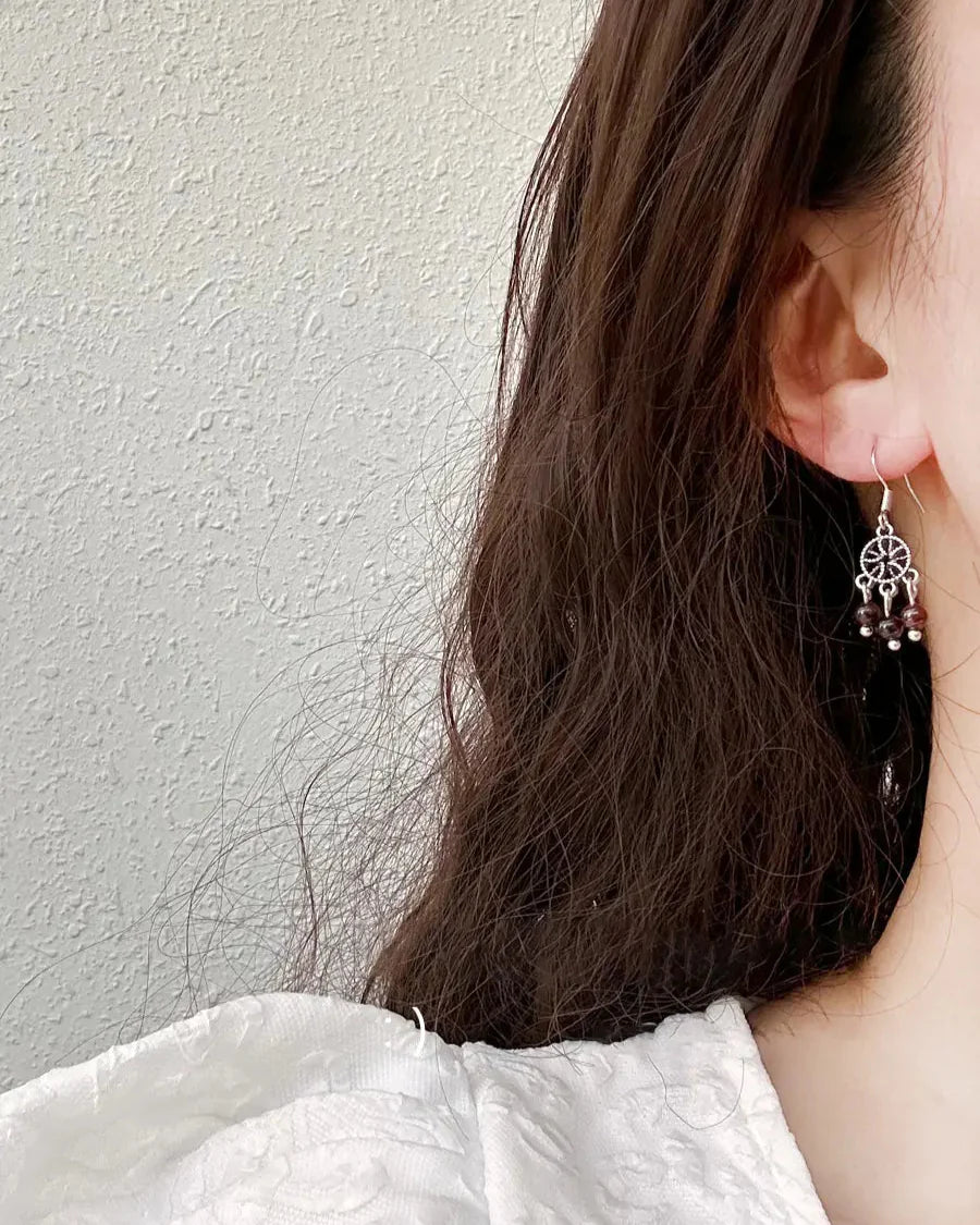 Garnet Dreamcatcher Silver Earrings – Passion & Love