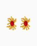 red Birthstone Floral Stamen Stud Earrings