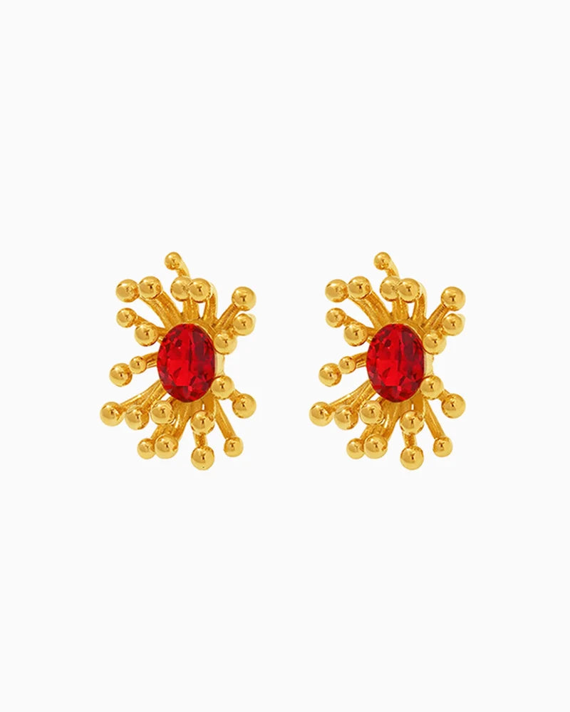 red Birthstone Floral Stamen Stud Earrings
