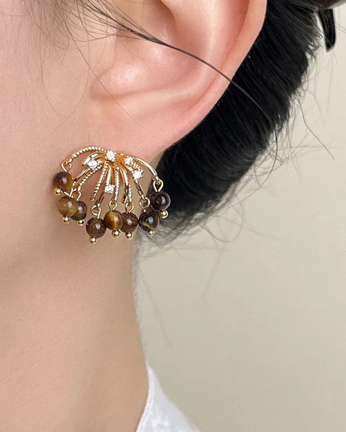Tiger’s Eye Firework Gold Earrings – Strength & Courage