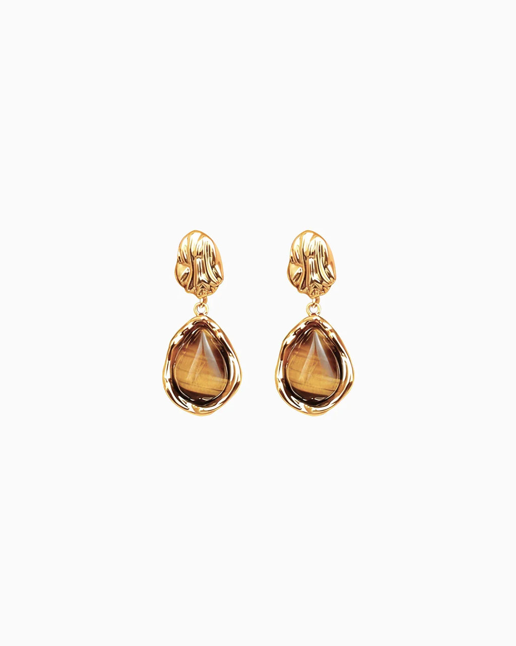 Tiger’s Eye Teardrop Gold Earrings – Strength & Grounding