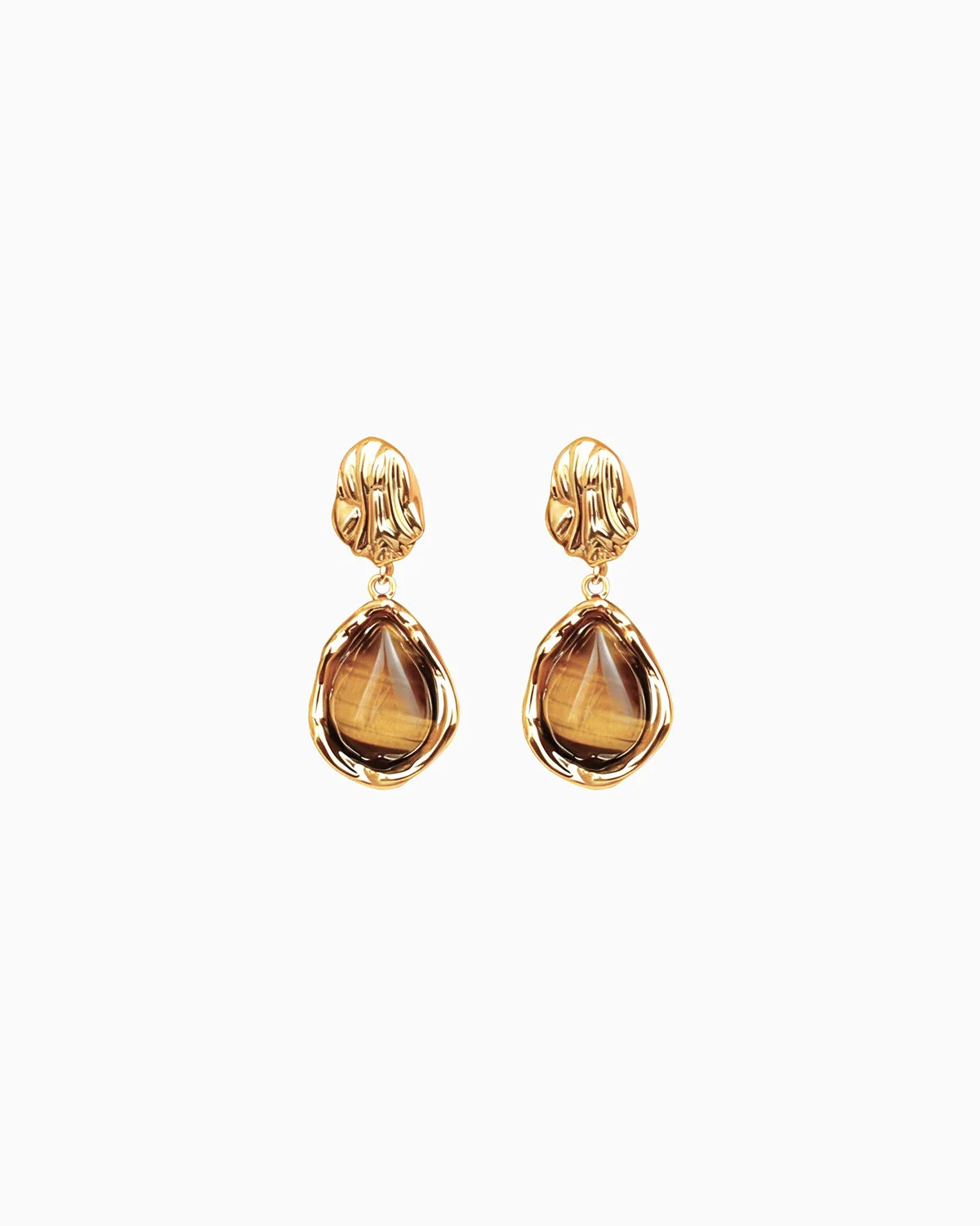 Tiger’s Eye Teardrop Gold Earrings – Strength & Grounding