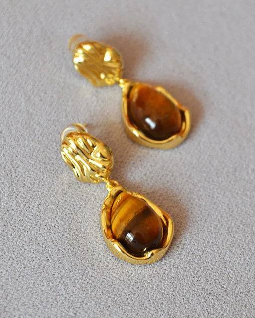 Tiger’s Eye Teardrop Gold Earrings – Strength & Grounding