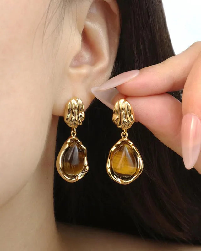 Tiger’s Eye Teardrop Gold Earrings – Strength & Grounding