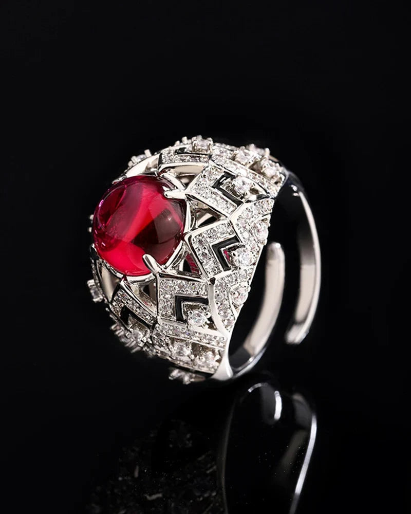 Red Cubic Zirconia Statement Adjustable Ring gemstone detail