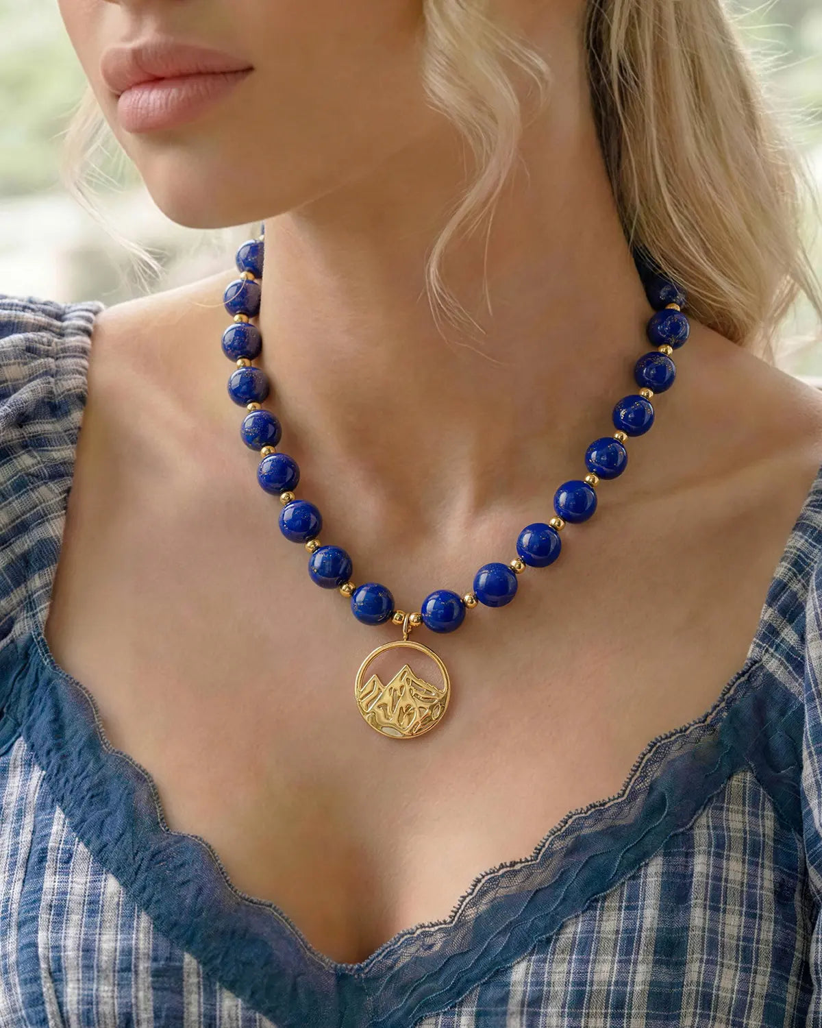 10mm Lapis Lazuli Beaded Necklace with Mountain Pendant