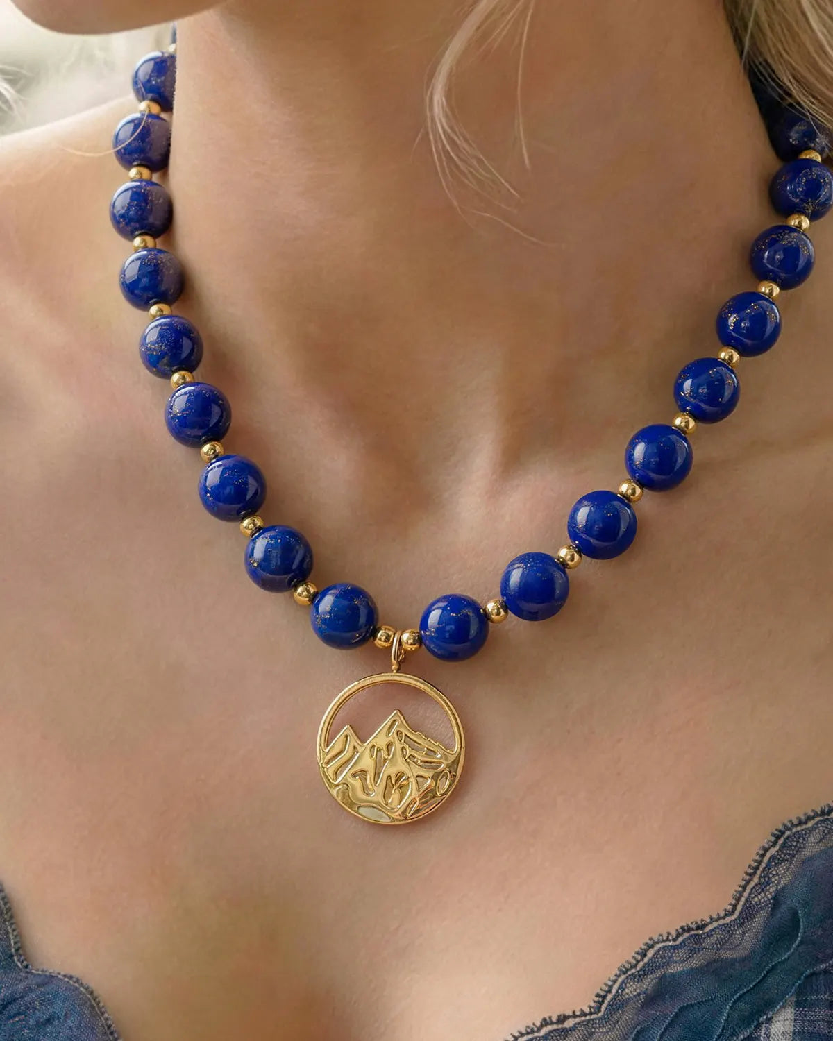 10mm Lapis Lazuli Beaded Necklace with Mountain Pendant