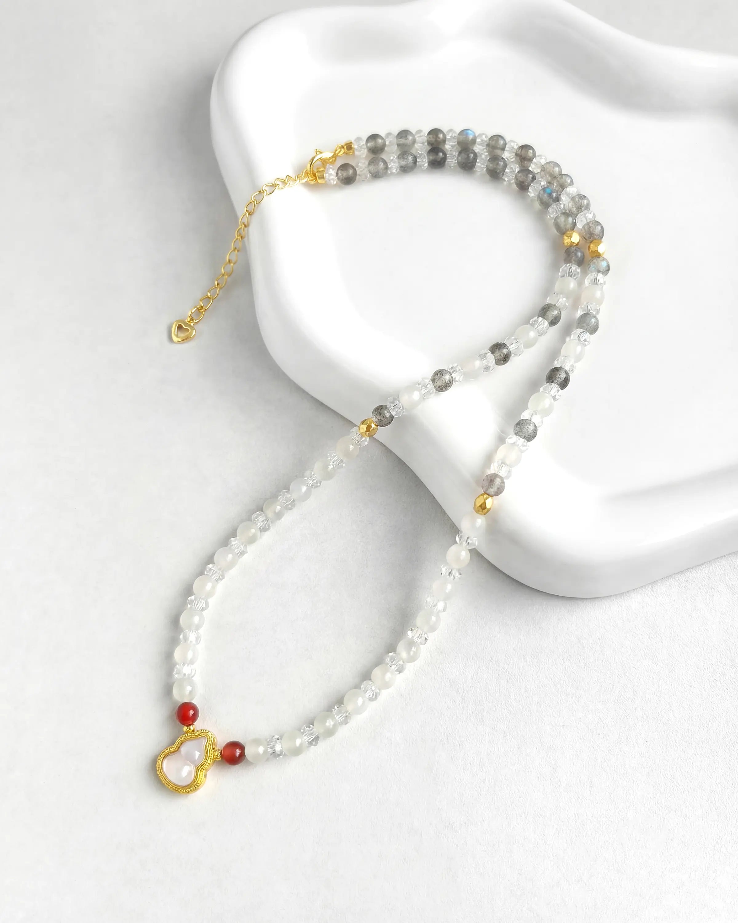 4mm Moonstone Beaded Necklace with Jade Gourd Pendant