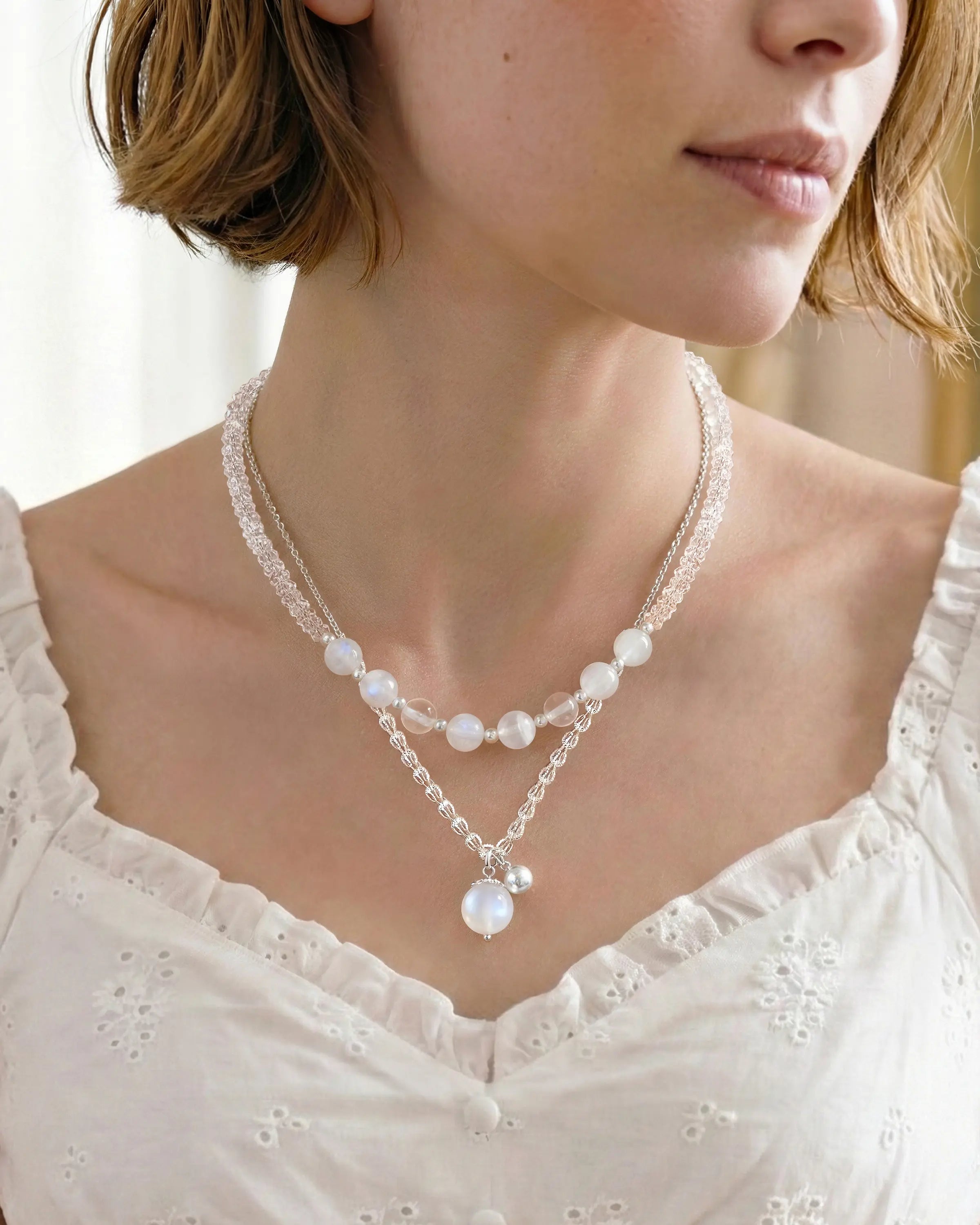 Moonstone Clear Quartz Silver Necklace Set – Intuition & Calm