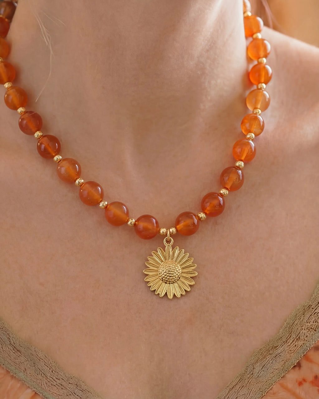 Orange Agate Sunflower Gold Necklace & Bracelet Set – Warmth & Creativity