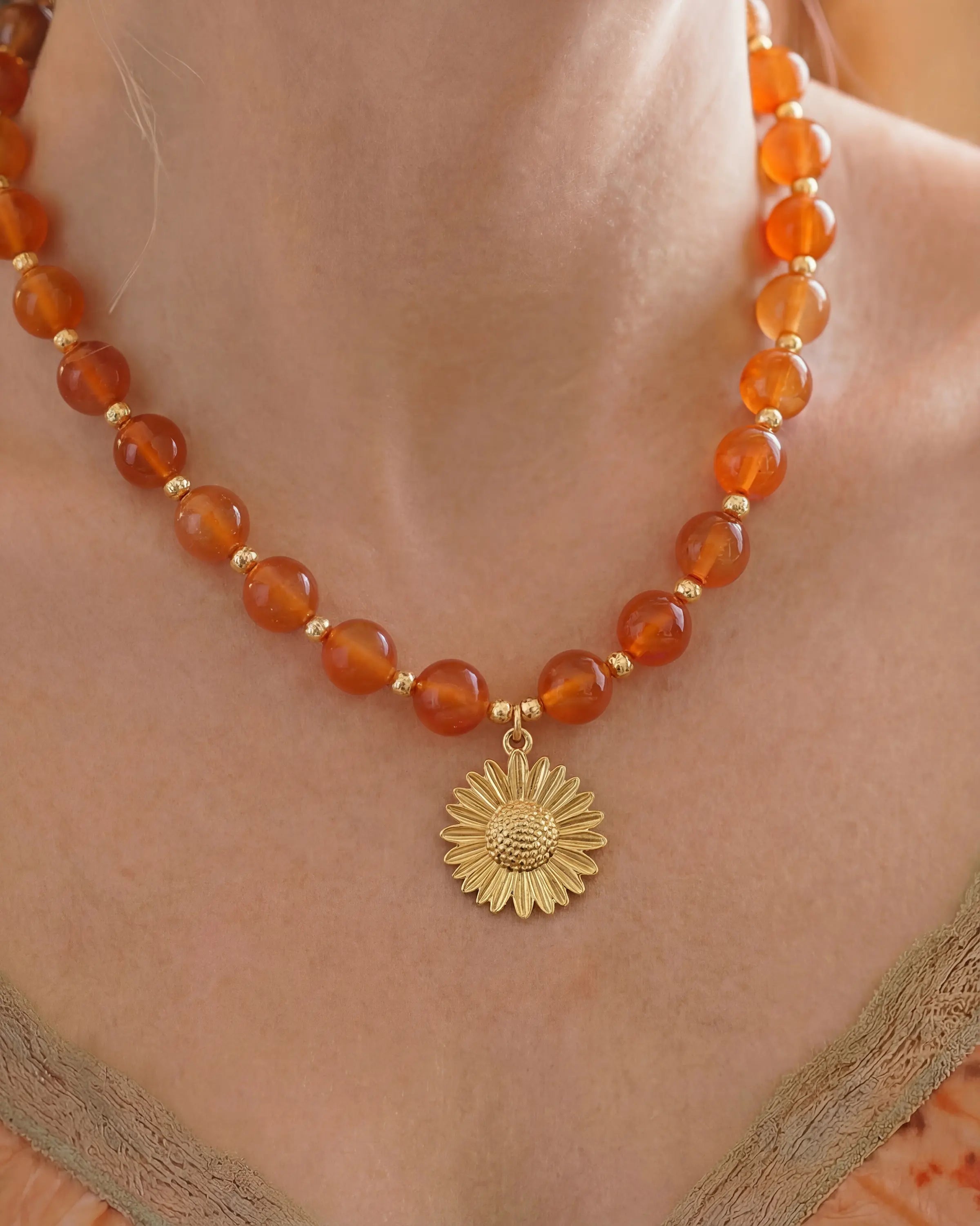 Orange Agate Sunflower Gold Necklace & Bracelet Set – Warmth & Creativity