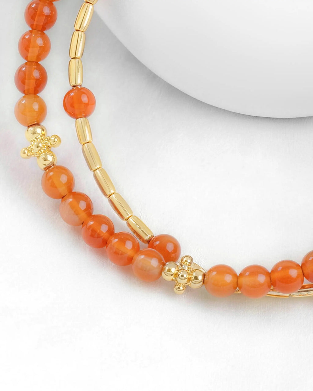 Detail of Orange Agate Gold Floral pre-layered bracelet