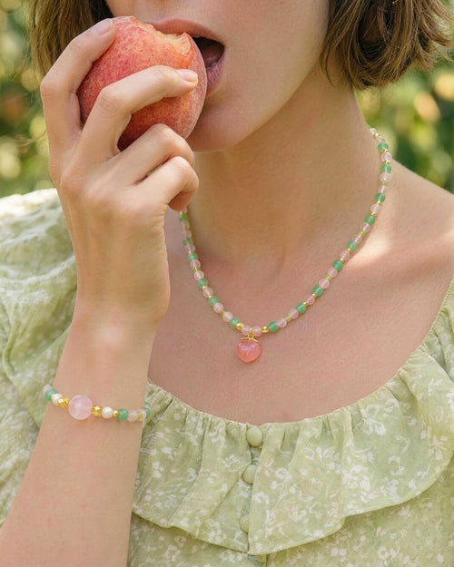 Close-up of Aventurine, Rose Quartz and Peridot Necklace and Bracelet Set