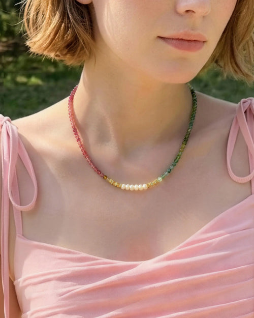 4mm Pink Tourmaline Beaded Necklace with Pearl