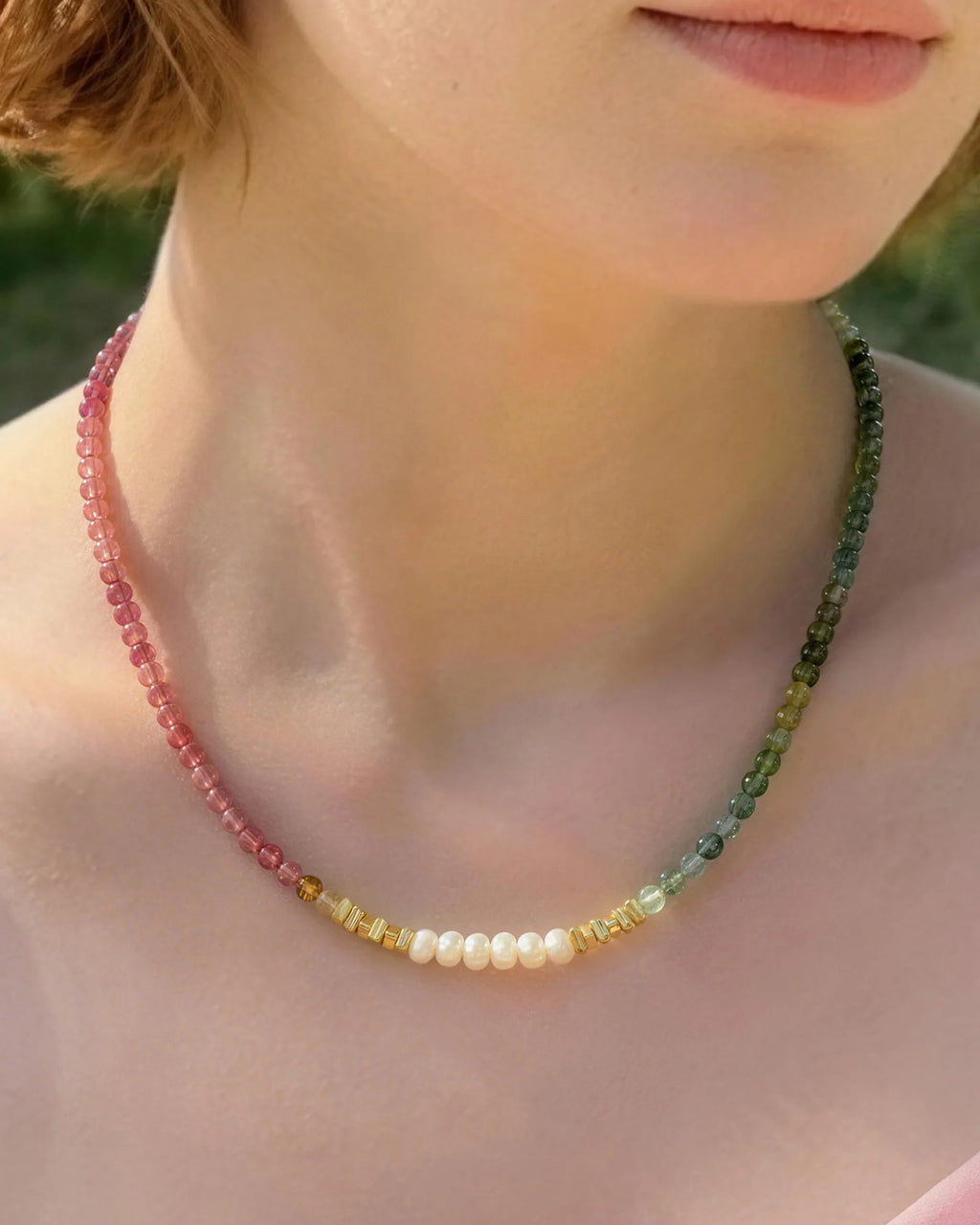 Pink Tourmaline Gold Necklace Double Strand Bracelet & Set – Protection & Purity