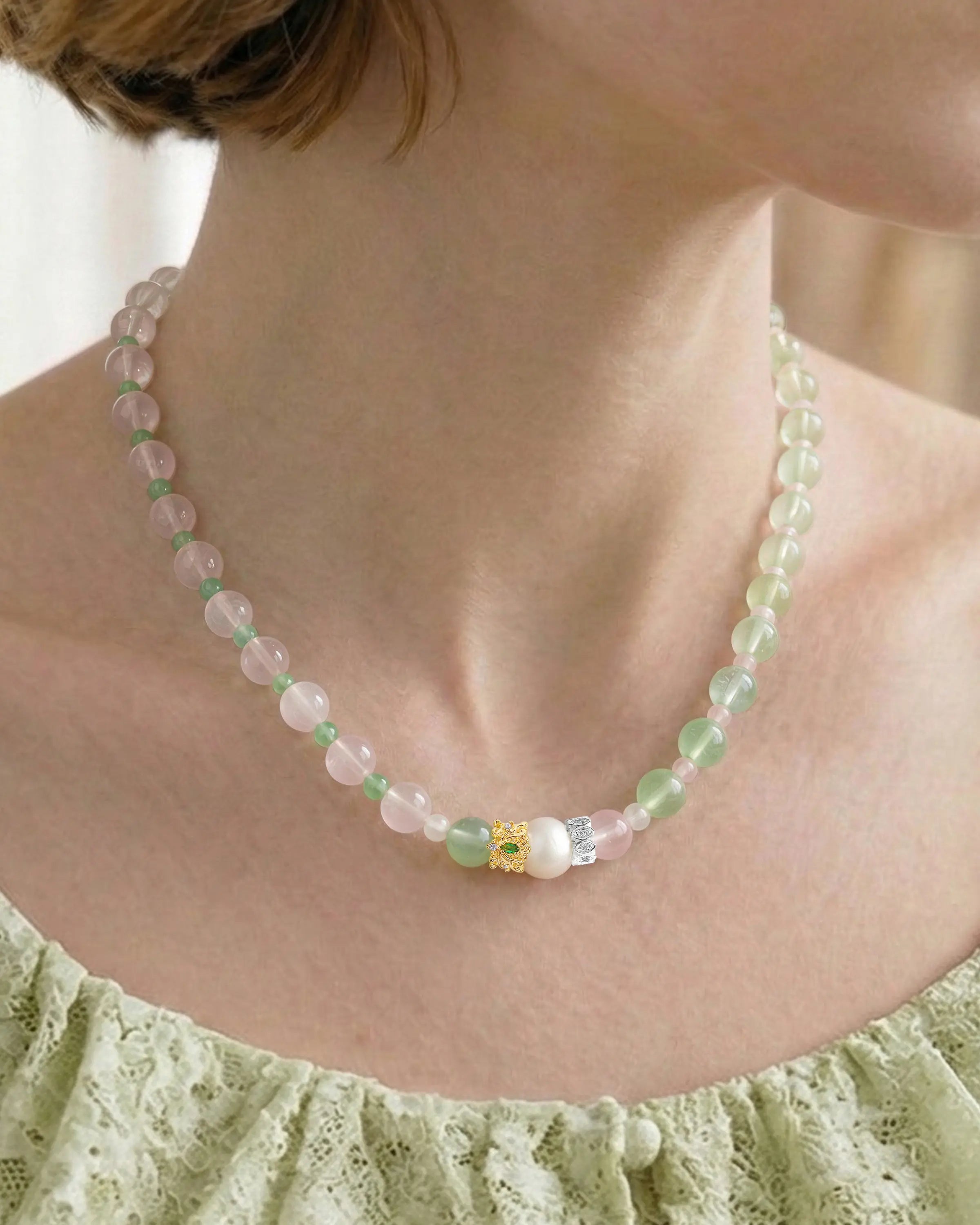 Prehnite and Rose Quartz Beaded Necklace with Pearl
