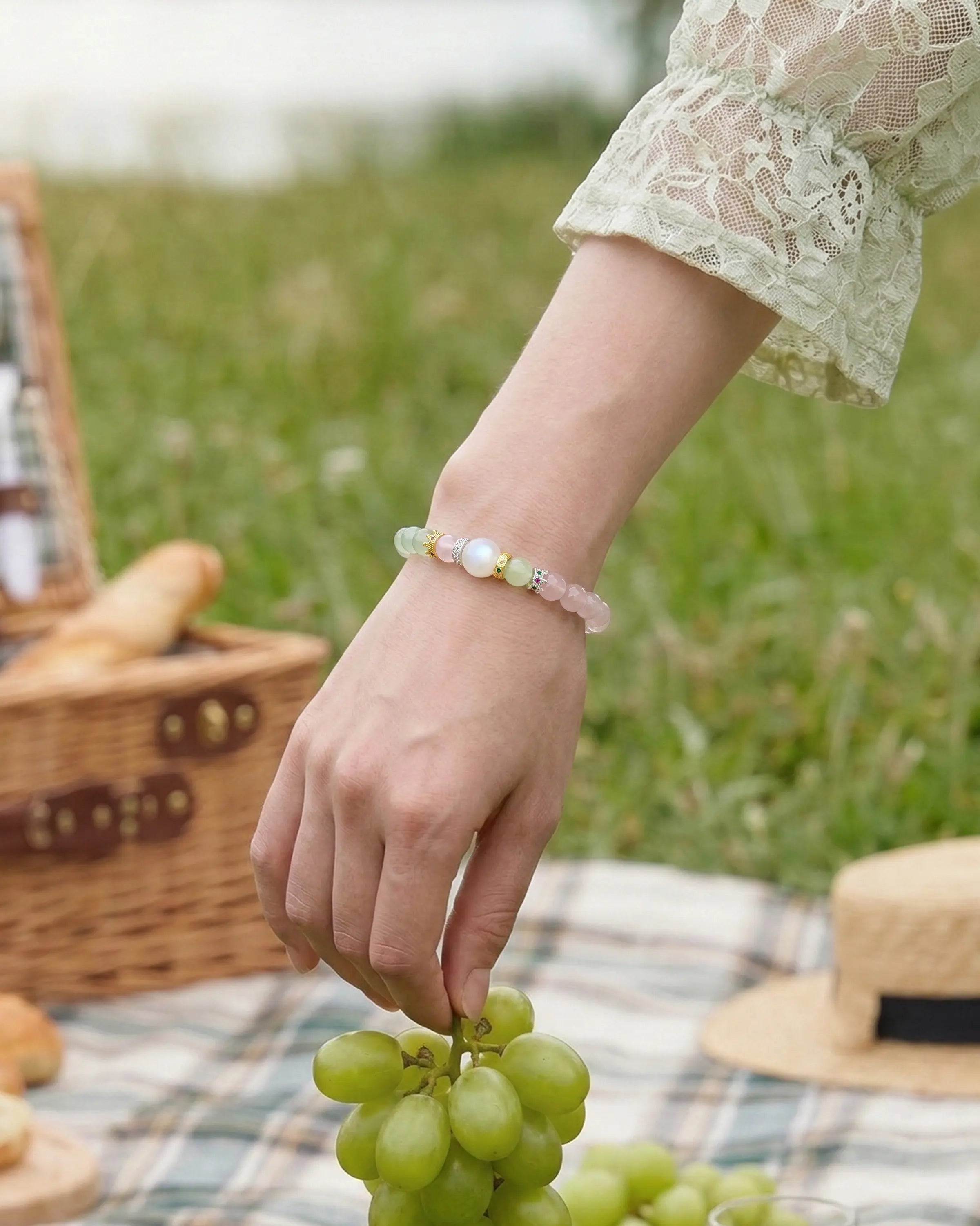 Prehnite Rose Quartz Silver Bracelet – Tranquility & Love