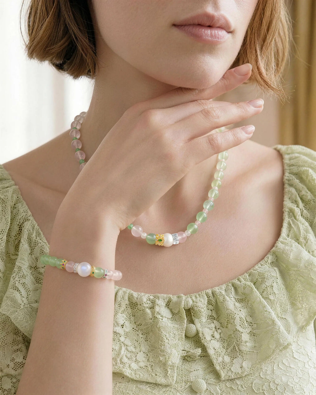 Prehnite Rose Quartz Silver Necklace & Bracelet Set – Tranquility & Compassion