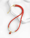 Red Agate Pearl Gold 12mm Gemstone Pendant Necklace