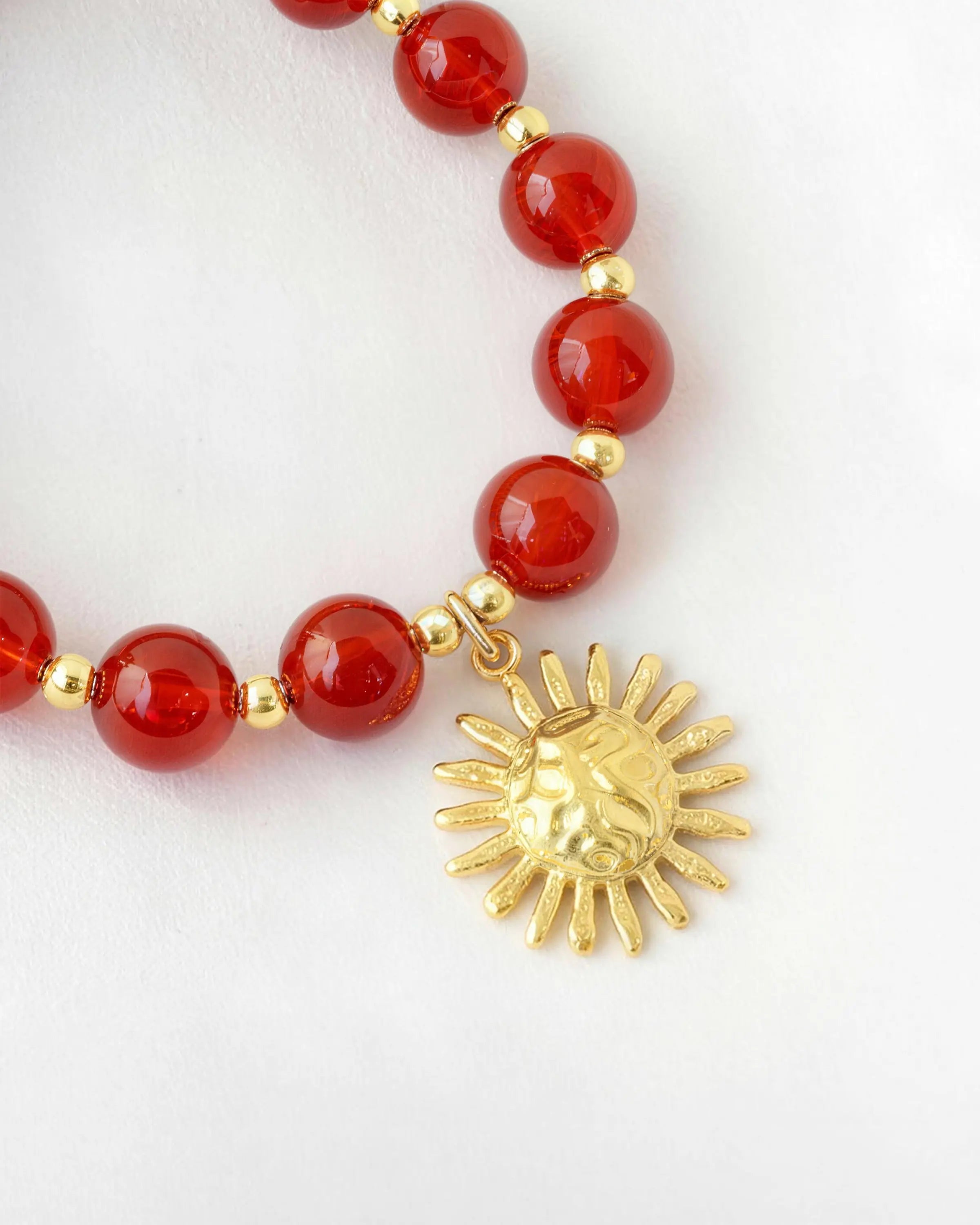 10mm Carnelian Beaded Necklace with Sun Pendant