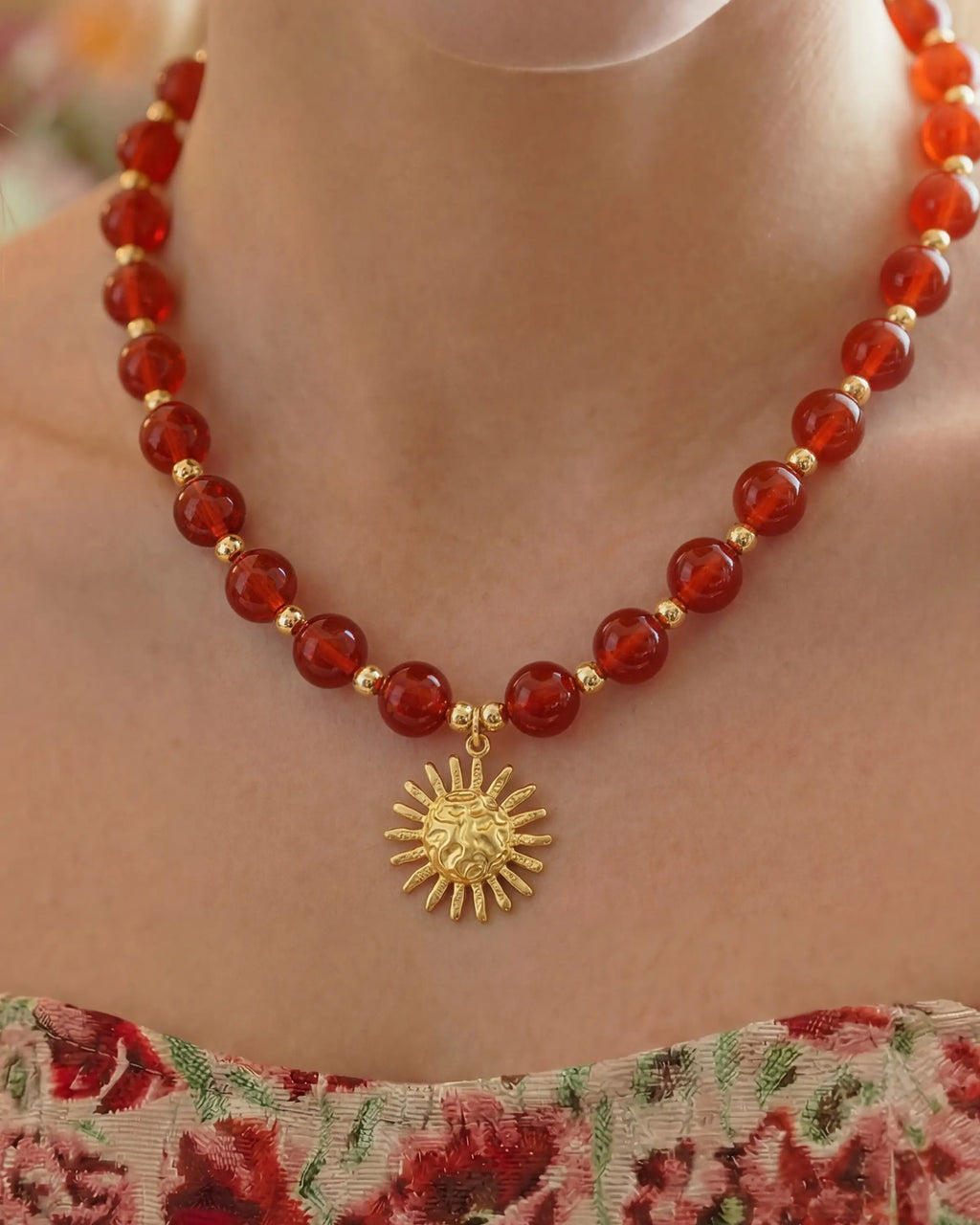 Red Agate Sun Gold Necklace & Bracelet Set – Passion & Courage